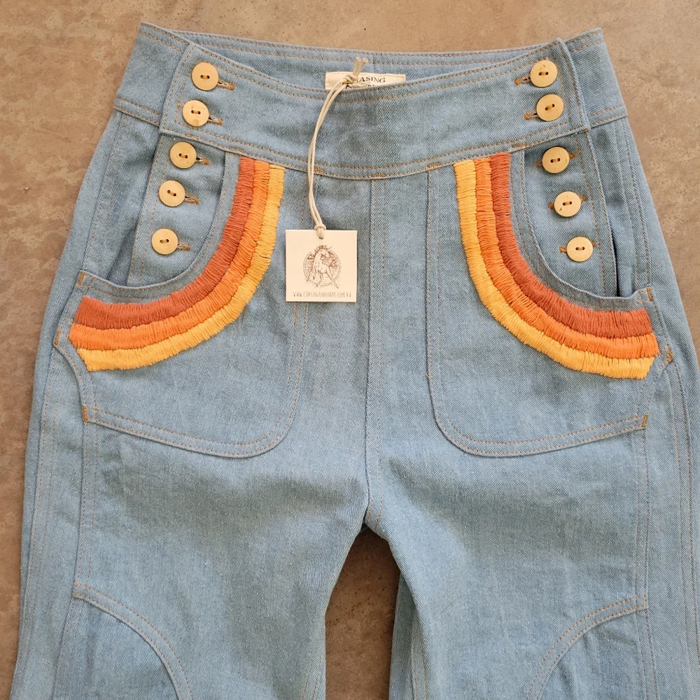 💔SOLD💔 Chasing Unicorns Red Hot patchwork denim Rainbow 🌈 embroidered flares - Picture 5 of 8